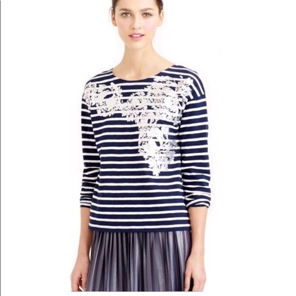 J. Crew Navy Striped Silver Floral Long Sleeve L - Picture 1 of 6